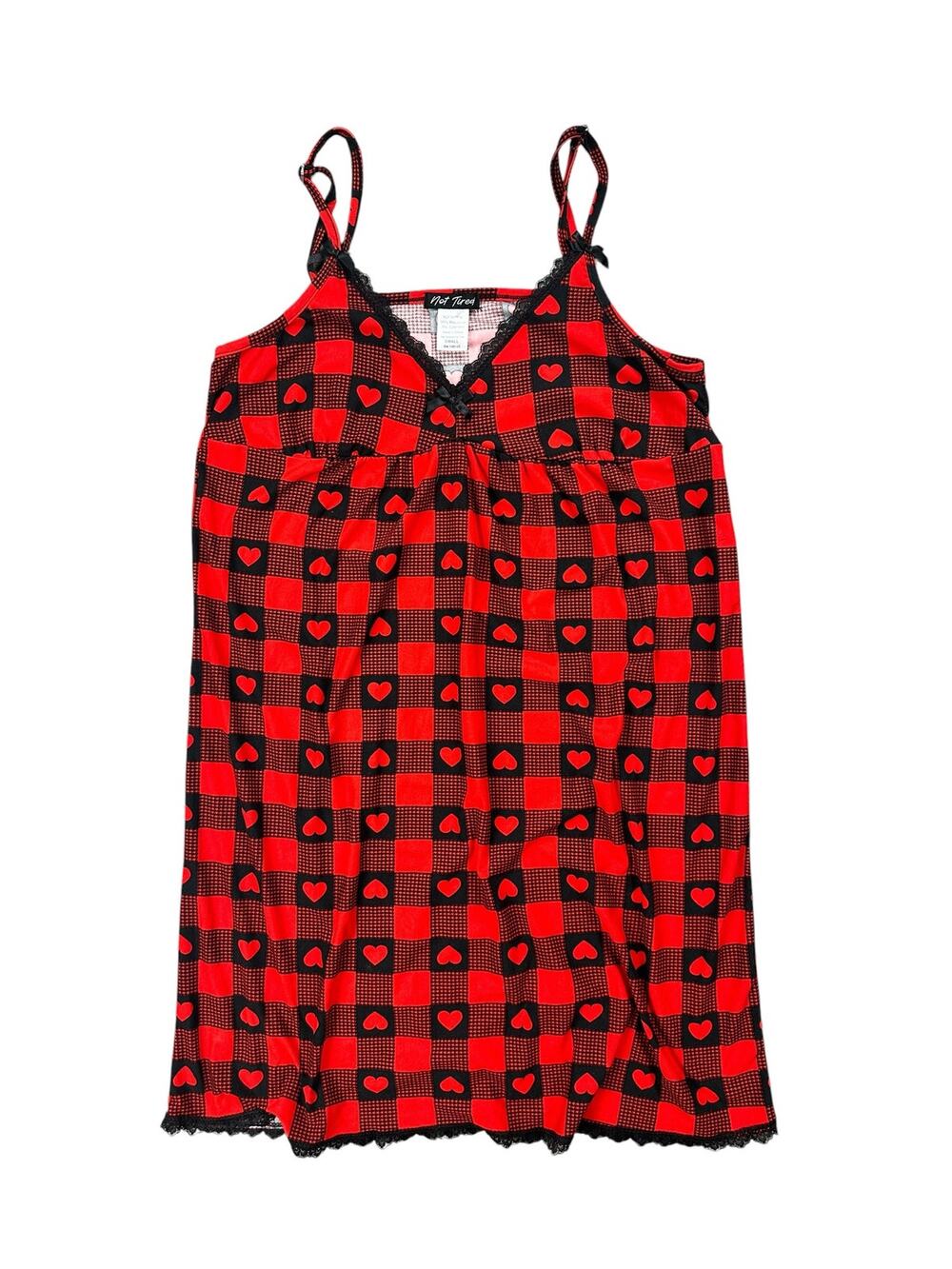 Not Tired Soft Heart Print Night Gown Red Black — Size Small